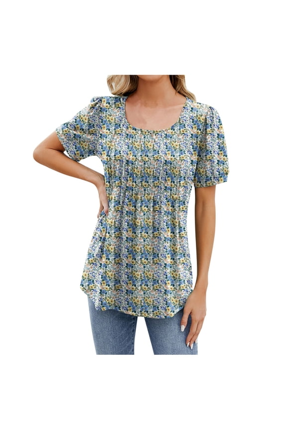Women's New Round Neck Floral Solid Color Top Over Short Sleeve Loose T Shirt Stretch Shirts for Women Turtle Tees
