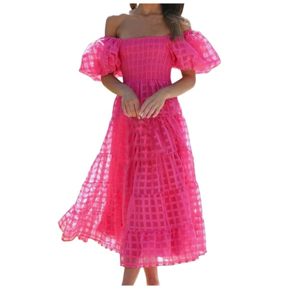 WENWU Women's Off the Shoulder Dress Short Puff Sleeve Casual A Line Ruffle Summer Dresses Women's Dresses Maxi for Women