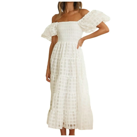 WENWU Women's Off the Shoulder Dress Short Puff Sleeve Casual A Line Ruffle Summer Dresses Women's Dresses Maxi for Women
