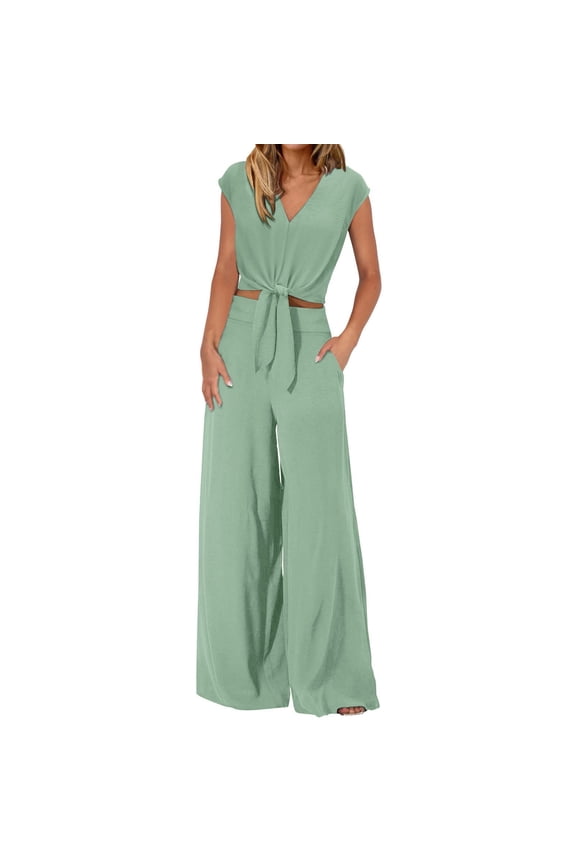 Women's Outfits Cap Sleeve V Neck Belted Crop Tops Wide Leg Pant Sets Casual Tracksuit Ladies Ski Apparel Juniors Pantsuit