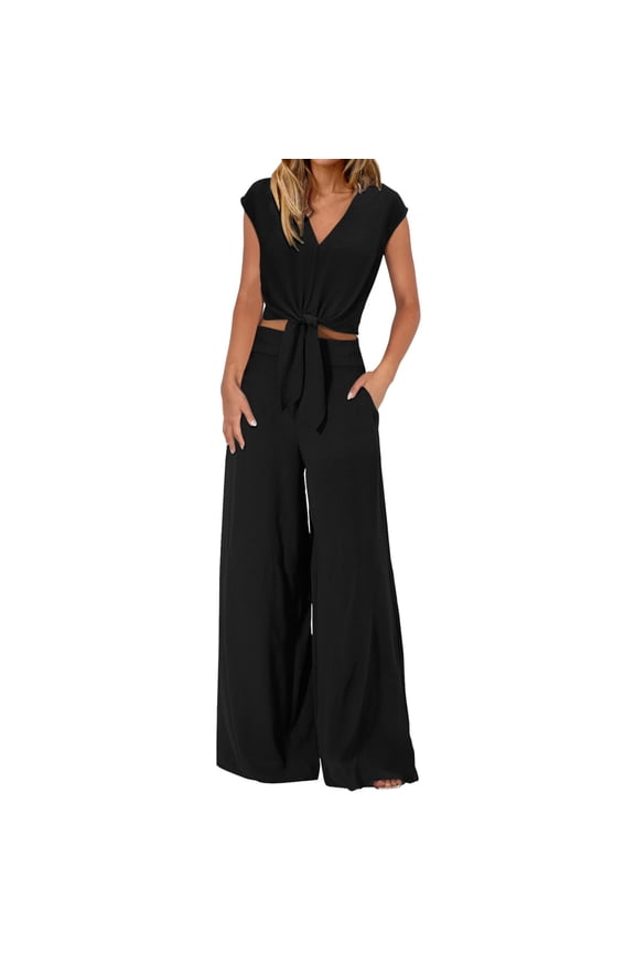 Women's Outfits Cap Sleeve V Neck Belted Crop Tops Wide Leg Pant Sets Casual Tracksuit Ladies Ski Apparel Juniors Pantsuit