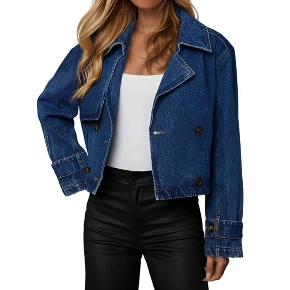 WENWU Women's Pure Color Denim Double Long Sleeve Jacket Wash Jean Jacket Womens Casual Jacket