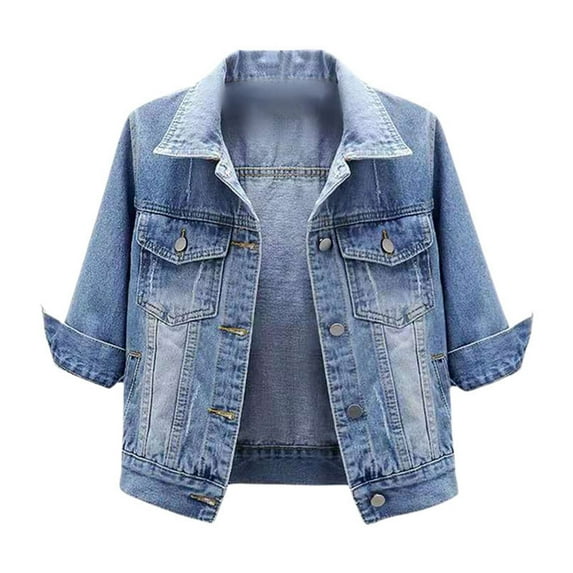 WENWU Women's Short Casual Fashion Three Quarter Sleeve Denim Jacket Womens Cropped Jacket Sleeve Casual