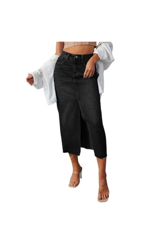 Women's Slit Denim Skirt Pleated Skirt Jean Skirts for Girls