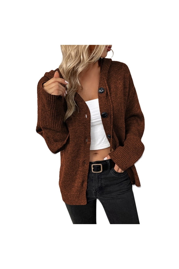Women's Solid Color Hooded Sweater Autumn Winter Drawstring Knit Cardigan Outerwear Button Cardigan with Pockets Long Lightweight Cardigans for Women