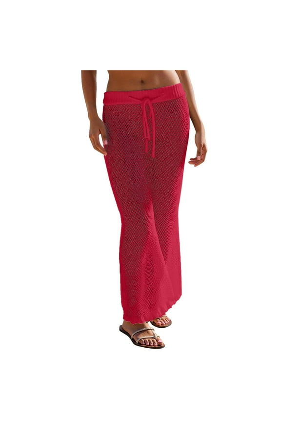 Women's Solid Crochet Swim Skirt Bikini Cover Up Elastic Waist Swimsuit Coverup Long Beach Cover Ups Tassel Skirt Pleated Skirts for Women plus Size