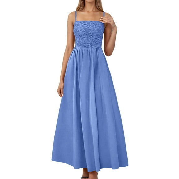 WENWU Women's Solid Smocked Maxi Dresses Summer Beach Casual Spaghetti Strap Swing A Line Long Flowy Dress Summer Dress Women Casual Tight Summer Dress for Women