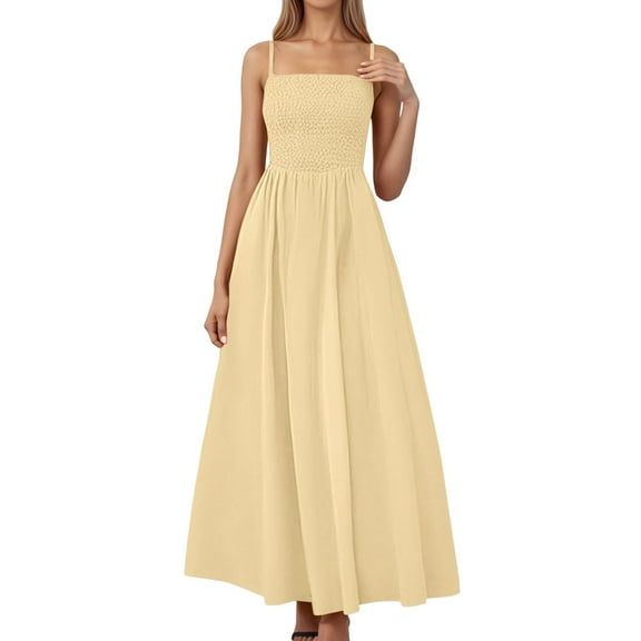 WENWU Women's Solid Smocked Maxi Dresses Summer Beach Casual Spaghetti Strap Swing A Line Long Flowy Dress Summer Dress Women Casual Tight Summer Dress for Women