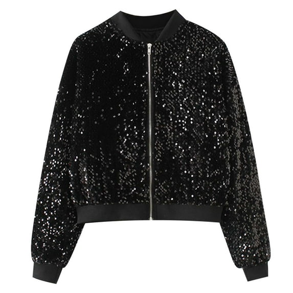 WENWU Women's Sparkly Sequin Jacket Zipper Long Sleeve Glitter Sequin Jacket Tan Coat Women Petite Button Jacket