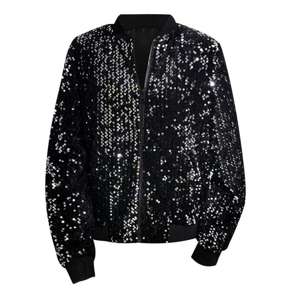 WENWU Women's Sparkly Sequin Jacket Zipper Long Sleeve Glitter Sequin Jacket Tan Coat Women Petite Button Jacket