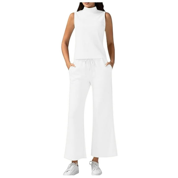 WENWU Women's Summer 2 Piece Outfits Neck Tank Top Cropped Wide Leg Pants Sets 2024 Fashion Tracksuit Wedding Pant Suits Petite Size Women Dress Suits Set