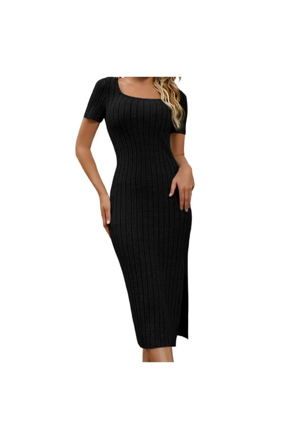 Women's Summer Bodycon Casual Short Sleeve Square Neck Midi Dress Knit Side Slit Long Ribbed Dresses Stylish Casual Dresses for Women V Neck Wrap Dress for Women