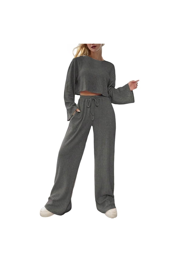 Women's Two Piece Knit Matching Outfits Crew Neck Slit Hem Tee and Pants Tracksuit Sets Womens Suits for Weddings Petite Pant Suits for Women Dressy