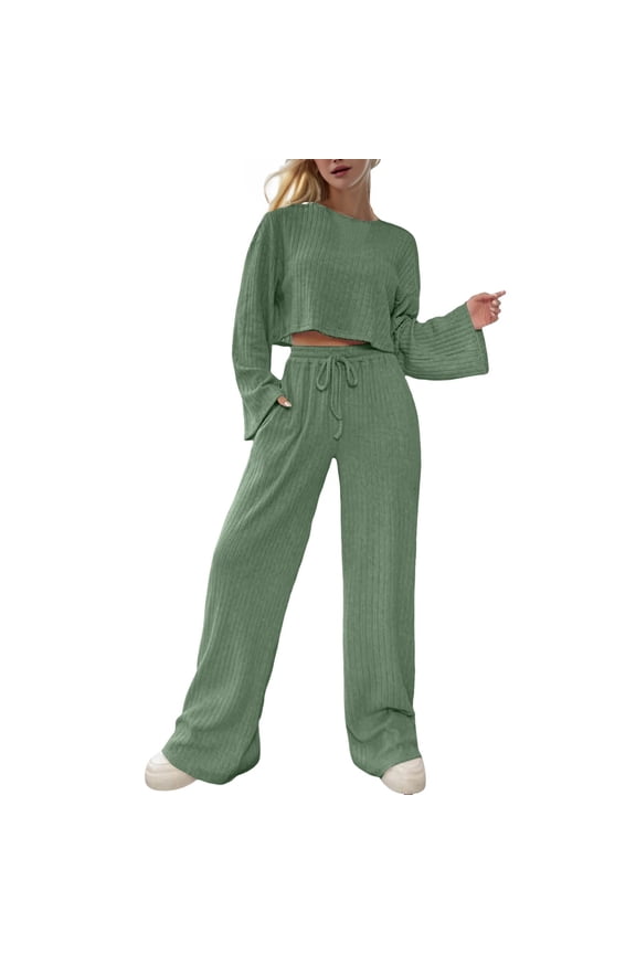 Women's Two Piece Knit Matching Outfits Crew Neck Slit Hem Tee and Pants Tracksuit Sets Womens Suits for Weddings Petite Pant Suits for Women Dressy