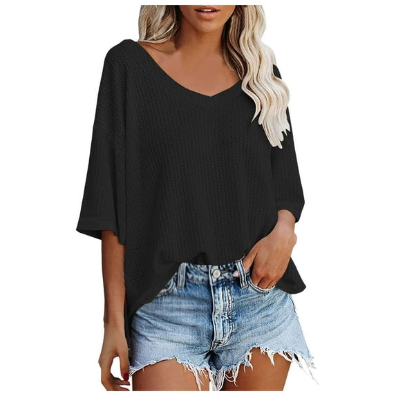 WENWU Women's V Neck Batwing Half Sleeved Shirt Knit Loose Shirt Solid Color Top Cute Workout T Shirts Top Women Loose