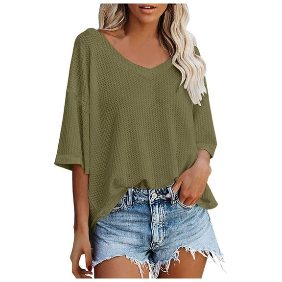 WENWU Women's V Neck Batwing Half Sleeved Shirt Knit Loose Shirt Solid Color Top Cute Workout T Shirts Top Women Loose