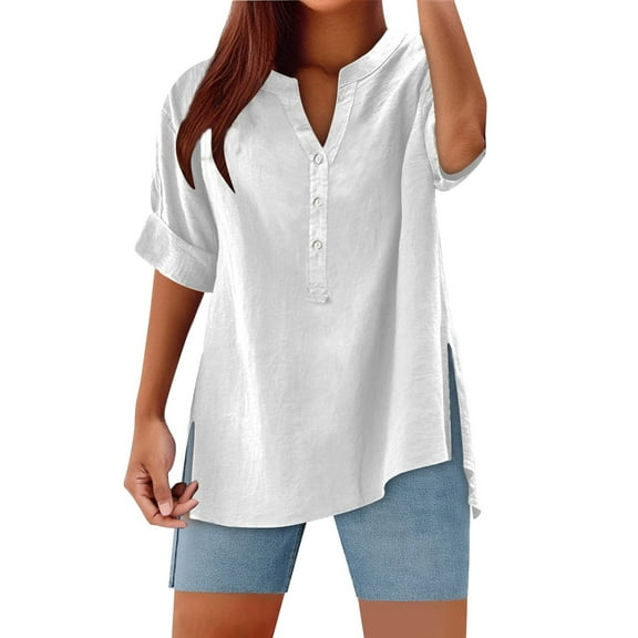WENWU Women's V Neck Button Down Shirt Casual Summer Tops with Side Slit Sleeves for Women Shir Blouse