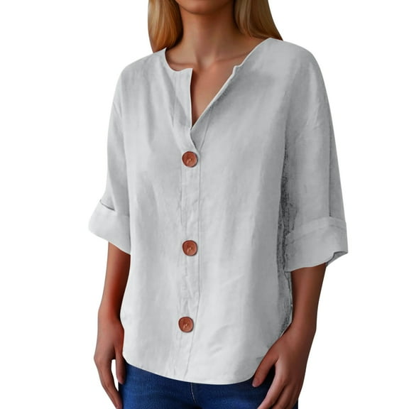WENWU Women's V Neck Button Down Shirt Casual Blouse for Daily Wear and Spring Summer Fall Tops Loose Fit Comfortable Button Up Shirt with Quarter Length Sleeve Shirts Women Oversized Tee for Women