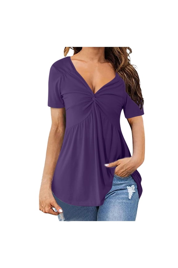 Women's V Neck Front Knot Shirt Short Sleeve Elegant Casual T Shirt Solid Color Pullover Top Ladies Tee Tops Women Top New