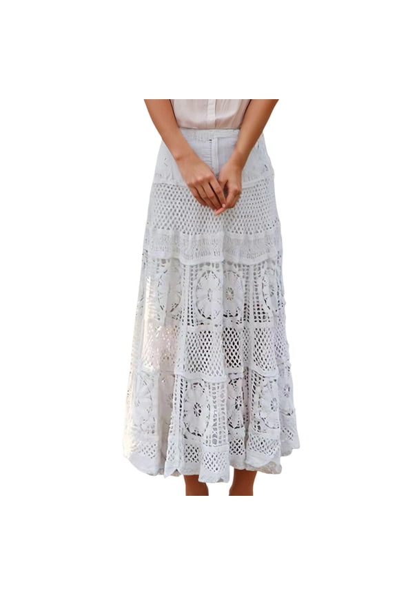 Women's Western Floral Lace Crochet Knit Maxi Boho Skirt A Line Eyelet Hippie Flowy Long Skirt Skirt with Chain Girls Pleated Skirt