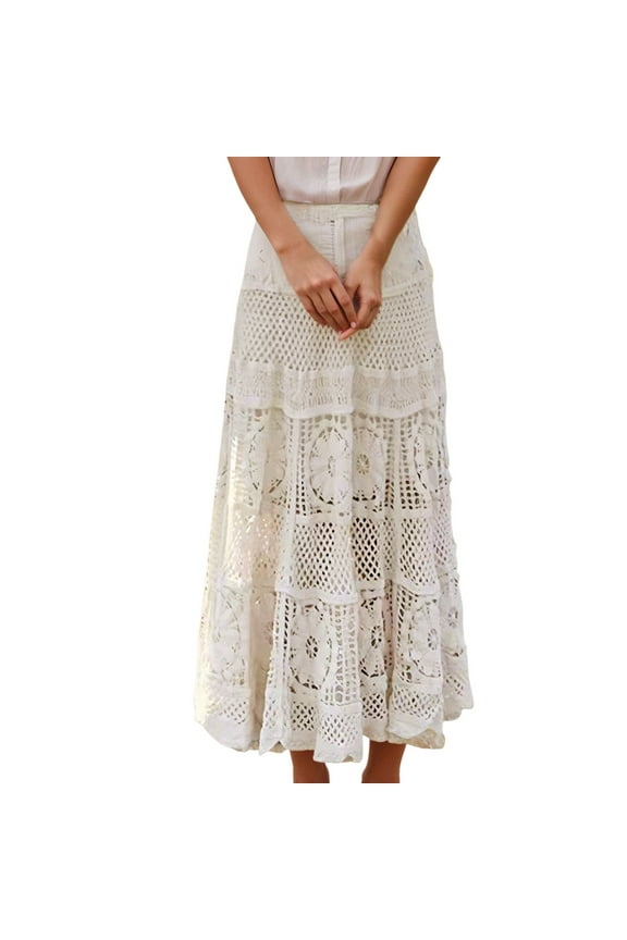 Women's Western Floral Lace Crochet Knit Maxi Boho Skirt A Line Eyelet Hippie Flowy Long Skirt Skirt with Chain Girls Pleated Skirt