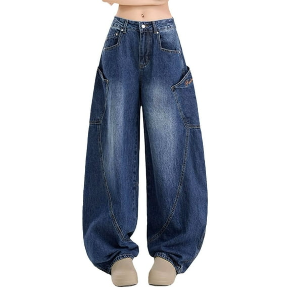 WENWU Womens Baggy Barrel Jeans Casual Boyfriend High Rise Wide Leg Denim Trendy Pants Woman High Waist Pants Womens Jean Leggings Denim