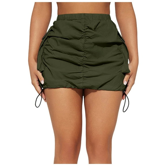 WENWU Womens Cargo Skirt Casual Summer High Waisted Bodycon Pencil Ruched Mini Skirts Side Drawstring and Pockets Poodle Skirts for Girls Womens Plaid Skirt