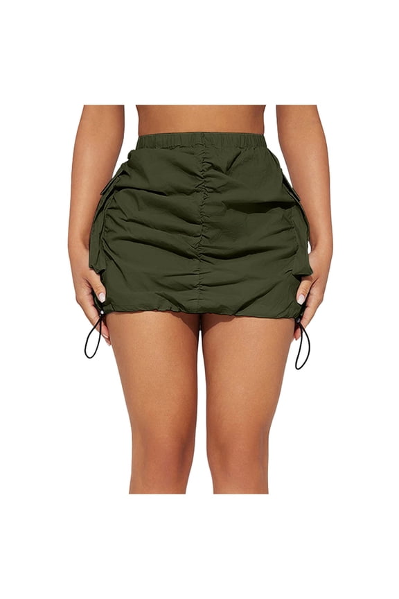 Womens Cargo Skirt Casual Summer High Waisted Bodycon Pencil Ruched Mini Skirts Side Drawstring and Pockets Poodle Skirts for Girls Womens Plaid Skirt
