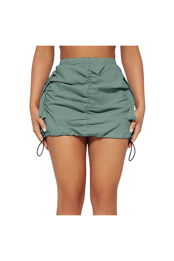 Womens Cargo Skirt Casual Summer High Waisted Bodycon Pencil Ruched Mini Skirts Side Drawstring and Pockets Poodle Skirts for Girls Womens Plaid Skirt