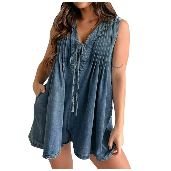 WENWU Womens Casual Sleeveless Tie Front Denim Romper Overall Shorts Summer Jean Romper with Pocket Tube Rompers for Women Women's Fashion Jumpsuit