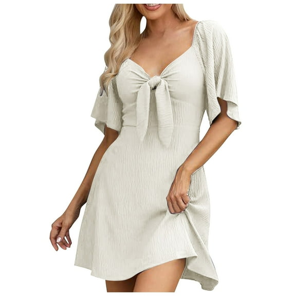 WENWU Womens Dresses 2024 Spring Summer Deep V Neck Elegant Bow Tie Mini Dress S XL Casual Knee Length Dresses for Women Maxi for Women