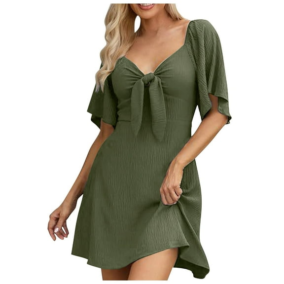 WENWU Womens Dresses 2024 Spring Summer Deep V Neck Elegant Bow Tie Mini Dress S XL Casual Knee Length Dresses for Women Maxi for Women