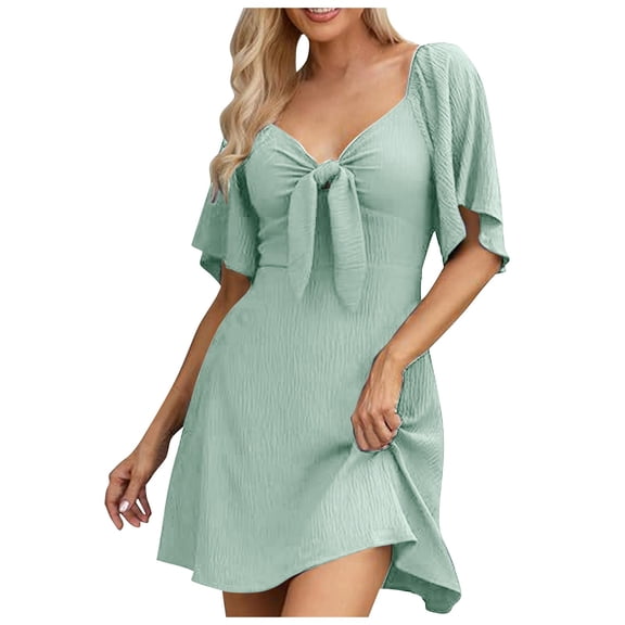 WENWU Womens Dresses 2024 Spring Summer Deep V Neck Elegant Bow Tie Mini Dress S XL Casual Knee Length Dresses for Women Maxi for Women