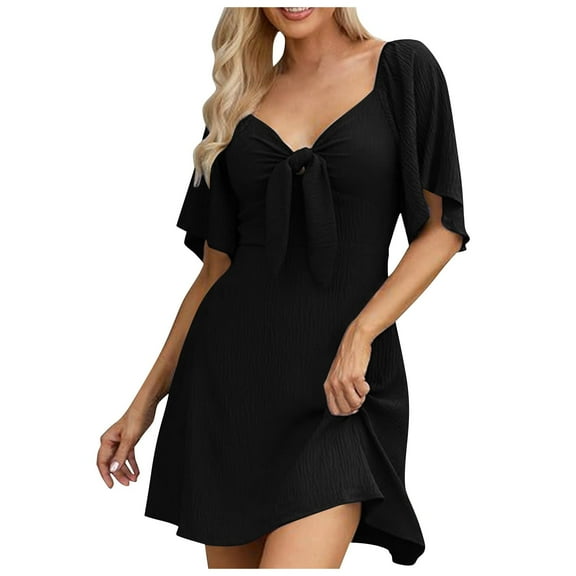 WENWU Womens Dresses 2024 Spring Summer Deep V Neck Elegant Bow Tie Mini Dress S XL Casual Knee Length Dresses for Women Maxi for Women