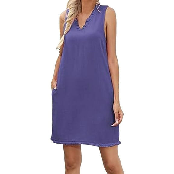 WENWU Womens Dresses V Neck Loose Fit Casual Summer Ruffled Sleeveless Beach Tank Dress Linen Dress with Pocket Summer Dress Casual Cute for Women