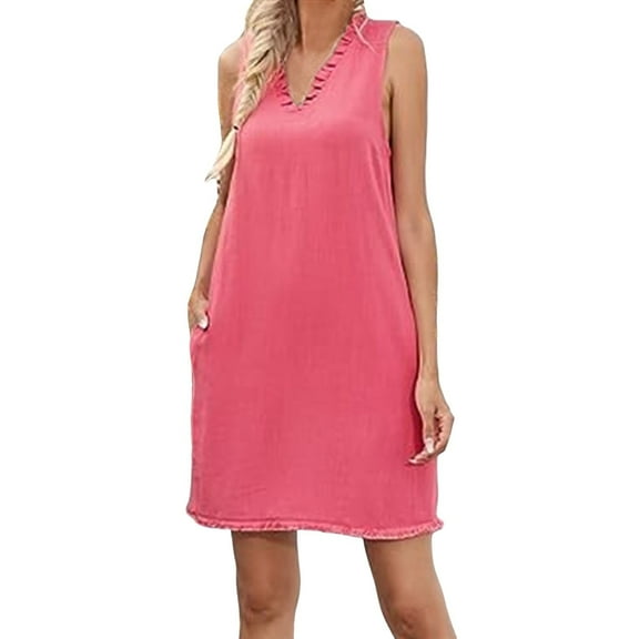 WENWU Womens Dresses V Neck Loose Fit Casual Summer Ruffled Sleeveless Beach Tank Dress Linen Dress with Pocket Summer Dress Casual Cute for Women