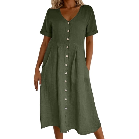 WENWU Womens Fashion Button Up Shirt Dress Dress Summer Long Dresses with Pockets Womens Casual Summer Dresses Dresses for Beach