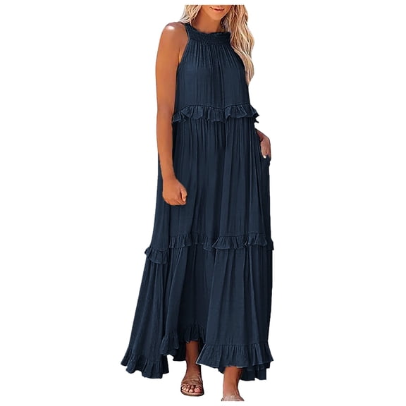 WENWU Womens Maxi Dress Sleeveless Tiered Beach Dress Casual Loose Swing Boho Smocked Ruffle Summer Dresses Medium Women Fitted Dresses