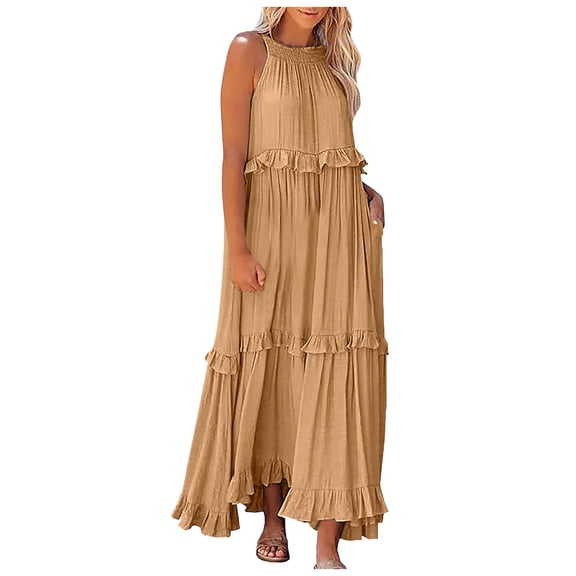 WENWU Womens Maxi Dress Sleeveless Tiered Beach Dress Casual Loose Swing Boho Smocked Ruffle Summer Dresses Medium Women Fitted Dresses