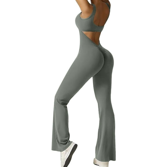 WENWU Womens Scrunch Jumpsuits 2024 Crew Neck Seamless Romper V Back Gym Booty Leggings Bodycon Workout Yoga Unitard Elegant Outfits Dinner Suit Women