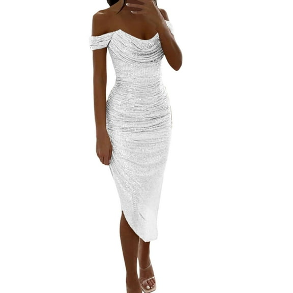 WENWU Womens Sparkly Sequin Prom Dresses for Women Off Shoulder Tight Pleated Formal Dress Midi Homecoming Dress Full Sleeve Formal Dresses for Women Petite Dresses