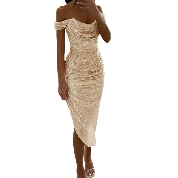 WENWU Womens Sparkly Sequin Prom Dresses for Women Off Shoulder Tight Pleated Formal Dress Midi Homecoming Dress Full Sleeve Formal Dresses for Women Petite Dresses