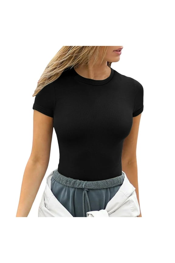 Womens Summer Short Sleeve Tops O Neck Ribbed Slim Fitted Shirts Casual Tee Tshirt Long Sleeve Thin T Shirt Women Shirt Juniors