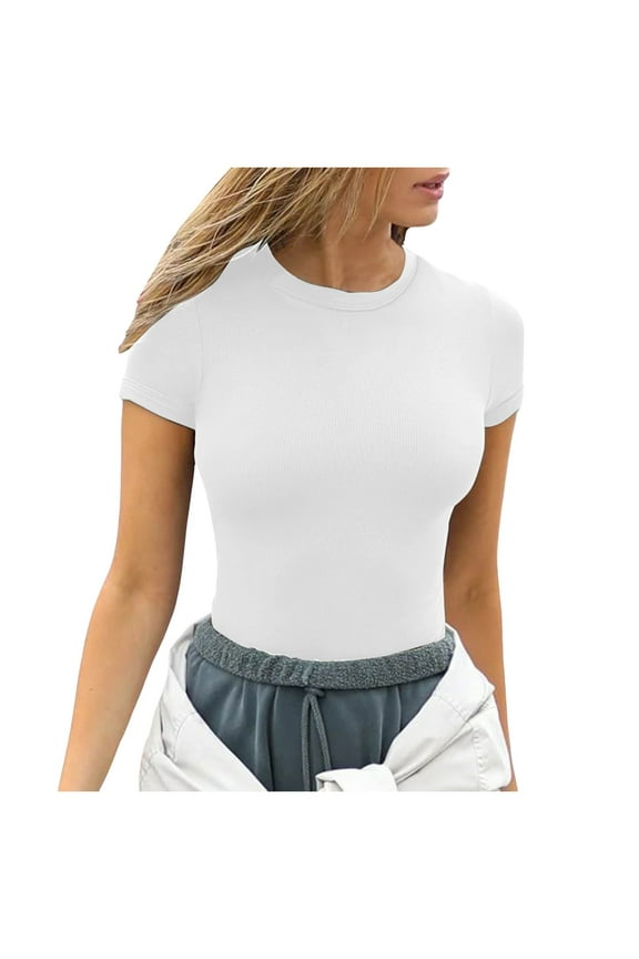 Womens Summer Short Sleeve Tops O Neck Ribbed Slim Fitted Shirts Casual Tee Tshirt Long Sleeve Thin T Shirt Women Shirt Juniors