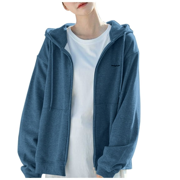 WENWU Womens Sweatshirt Hoodies Long Sleeve Womens Zipper Hoodie Graphic Hoodies for Women Blue Hooded Sweatshirt Cute Fall Clothes Clothes Women