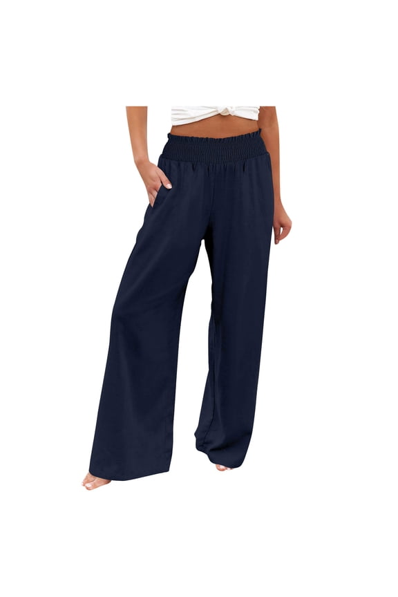 Womens Trousers Casual Pants Navy Baggy Pants Loose Pants High Waist Wide Leg Pants with Pockets Womens Summer Outfits