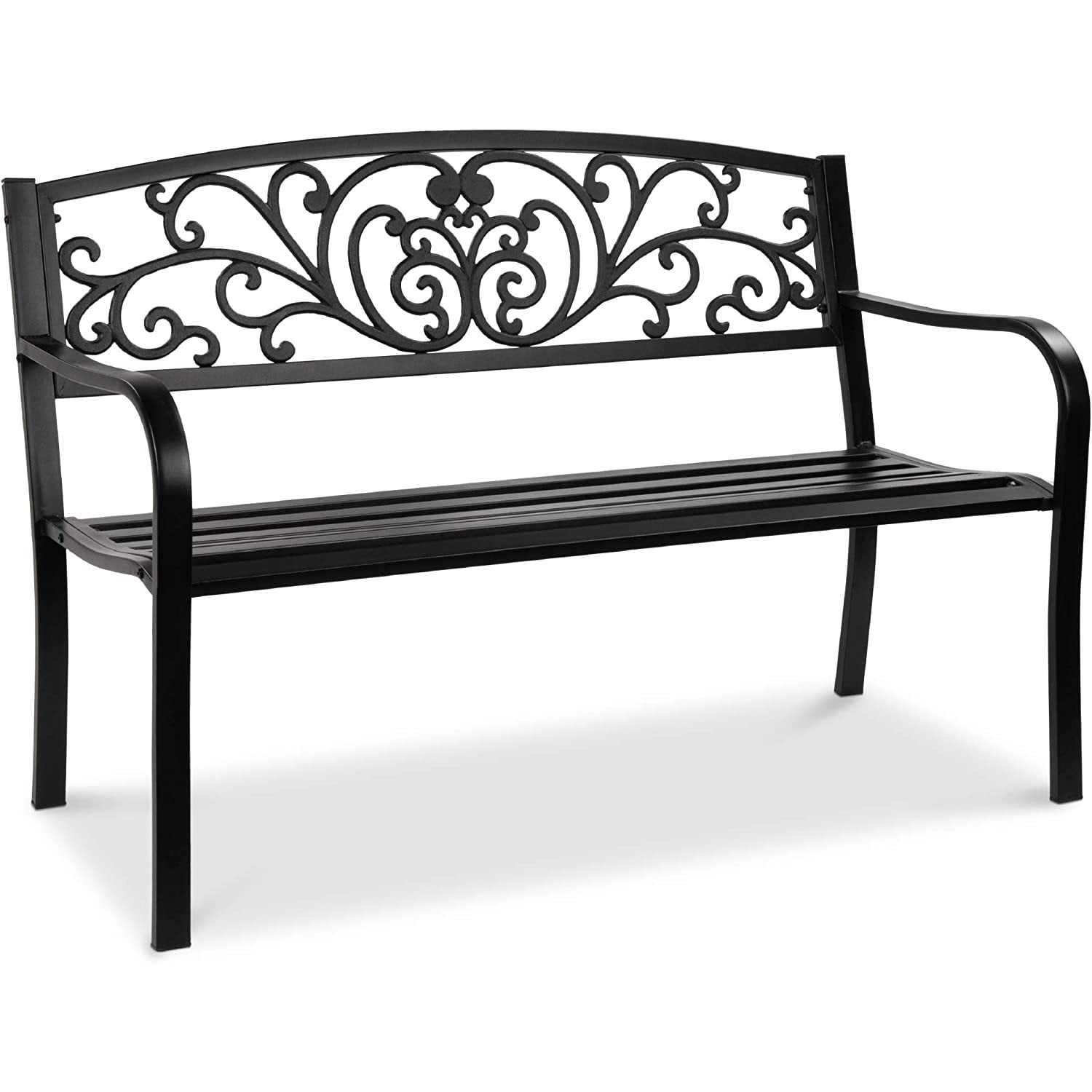 Black Steel Outdoor Bench with Floral Backrest, 52"
