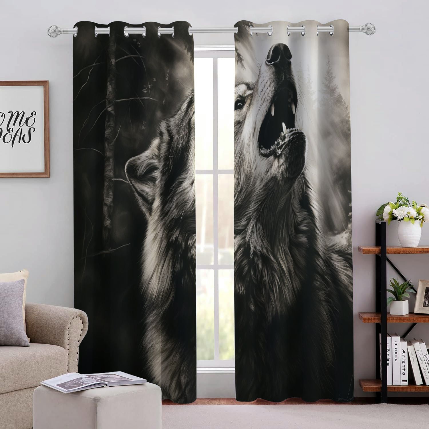 Image showcasing WENZZ Wolf Perforated Light Blocking Curtains 2-Pack Fabric Various ...