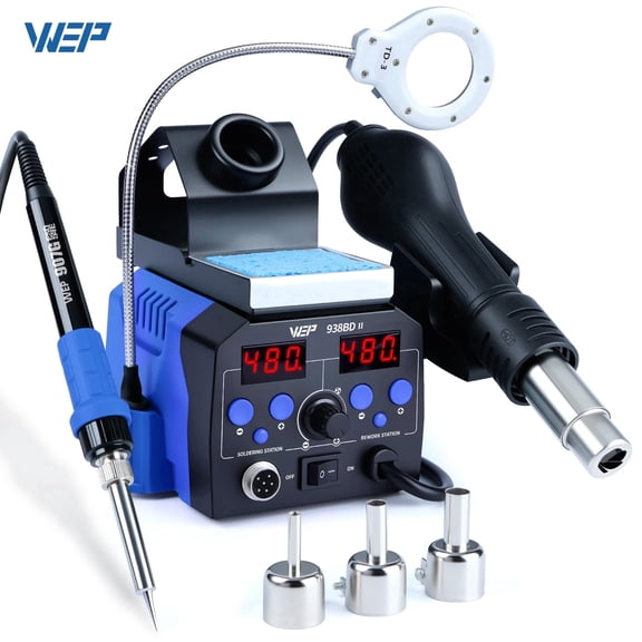 WEP Soldering Station 938BD-II with Soldering Iron Hot Air Gun LED Screen Magnifying Lamp