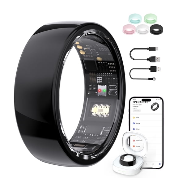 WEPMOUS AI Smart Ring for Men and Women, Waterproof Fitness Tracker with Portable Charging Case, Black, Size 10